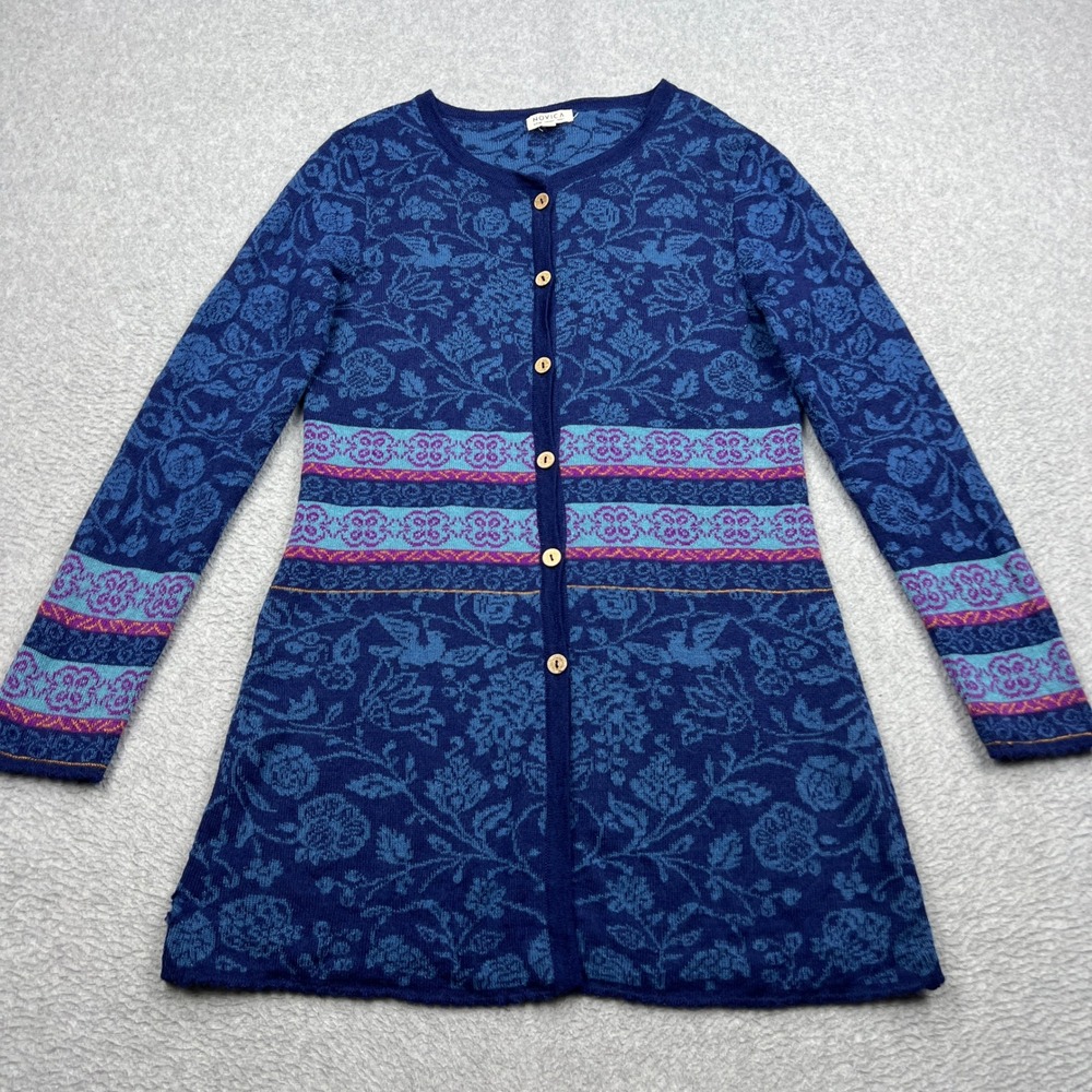 Novica Cardigan Sweater Womens Med Blue Floral 100% Baby Alpaca Button Up Peru